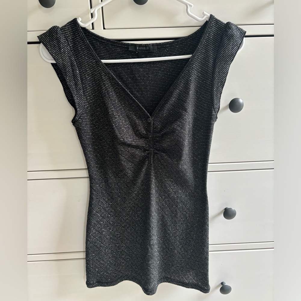 Express V Neck Black and Silver Top XS